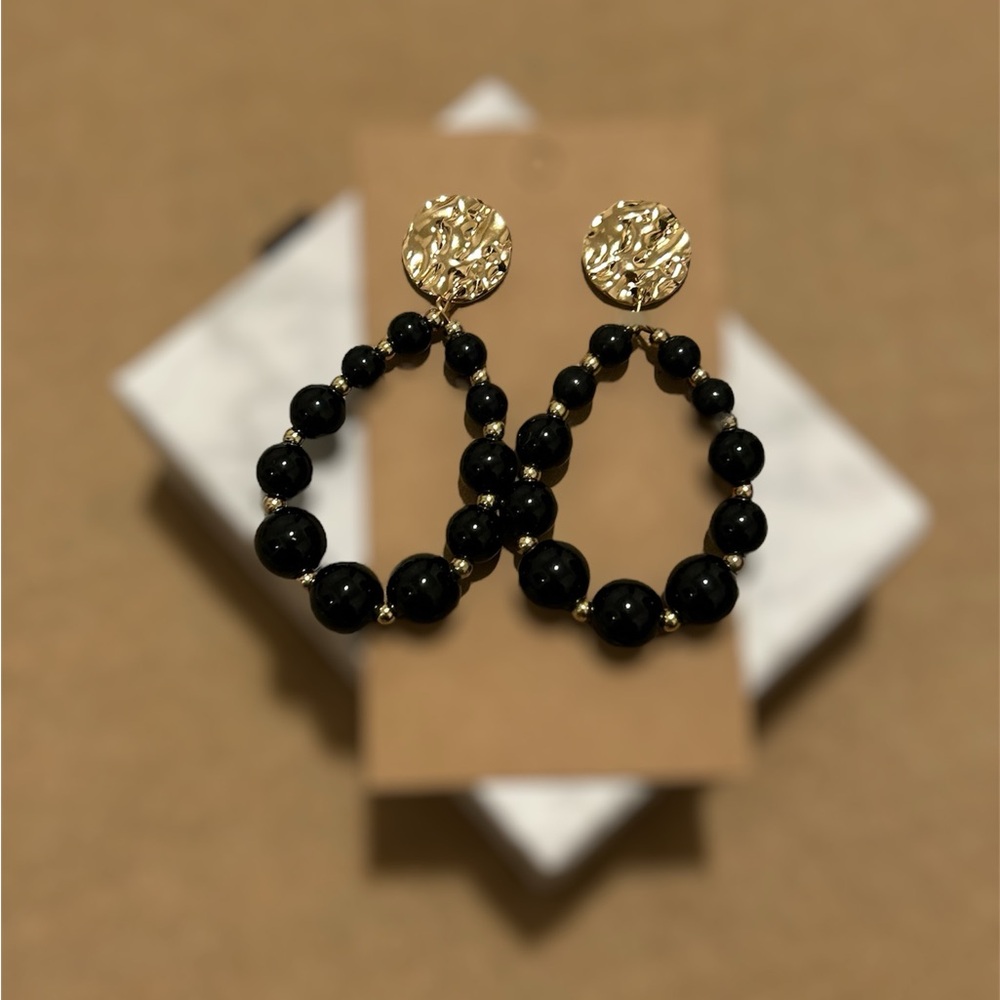 Teardrop Beaded Black & Gold Post Earrings